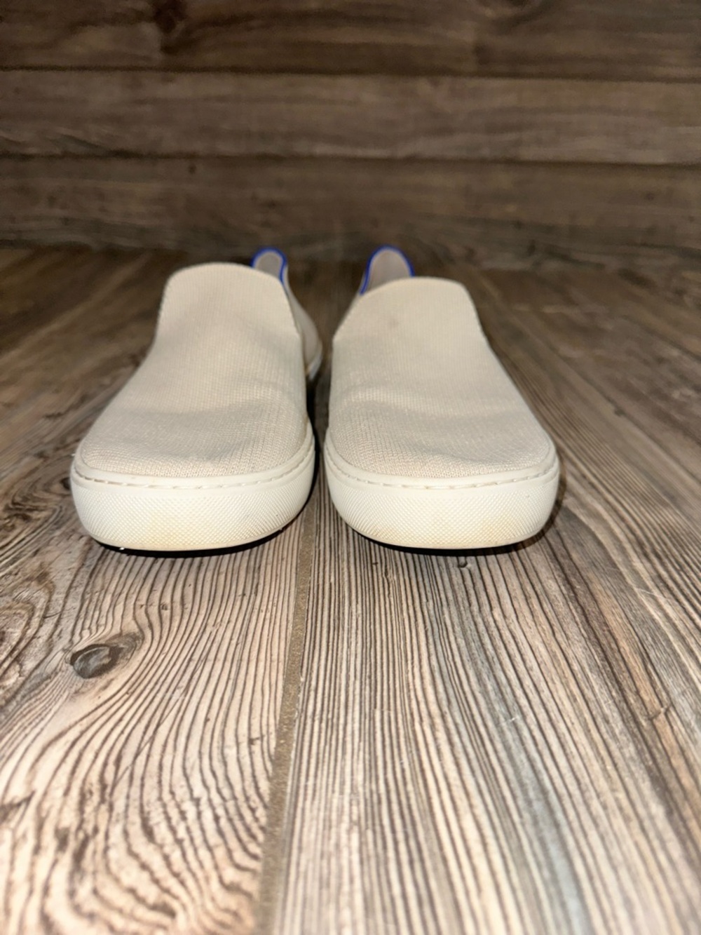Rothy’s The Original Slip-On Sneakers in Sand Cream Tan with Blue Accent Women 9 - Picture 3 of 14